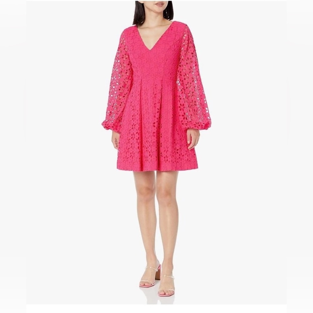Trina Turk $330 Grazia Cotton Eyelet Long Sleeve Dress Pink V Neck